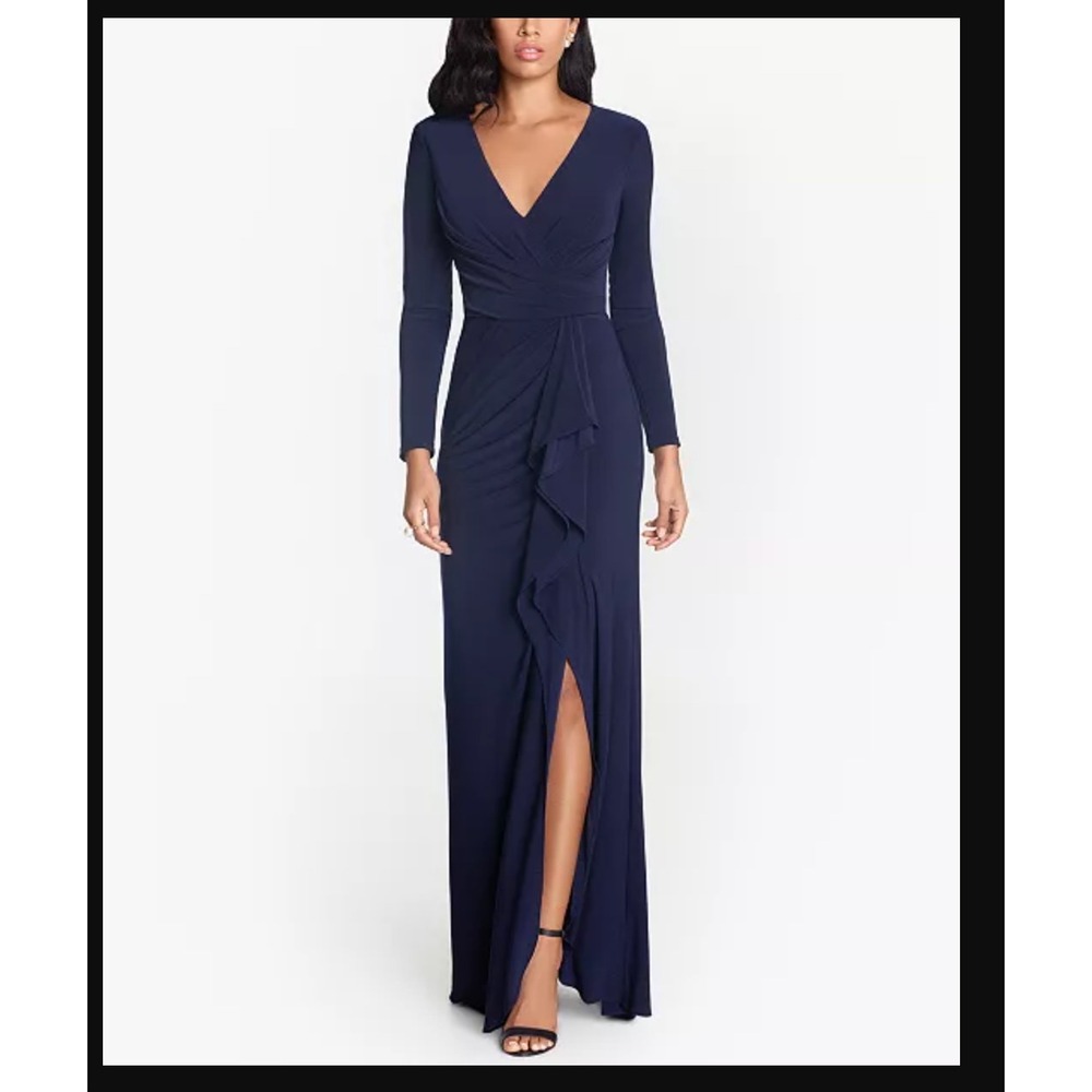Betsy Adam Navy Faux Wrap Ruffle Formal Gown Size 8 Long Sleeve Floor